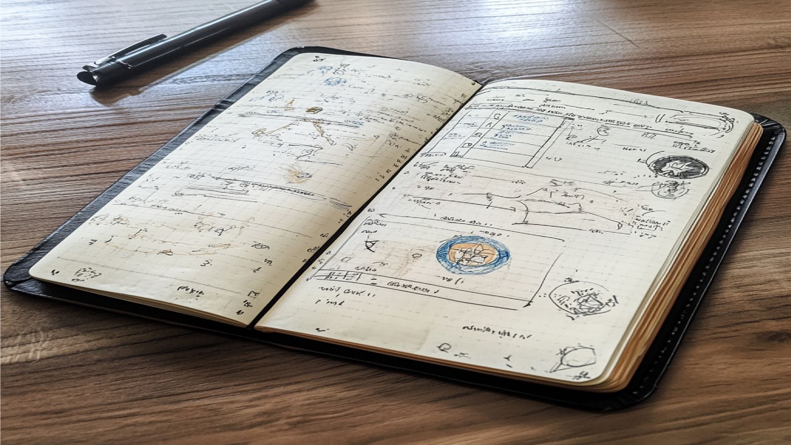 Open notebook with technical diagrams, code snippets, and annotation marks